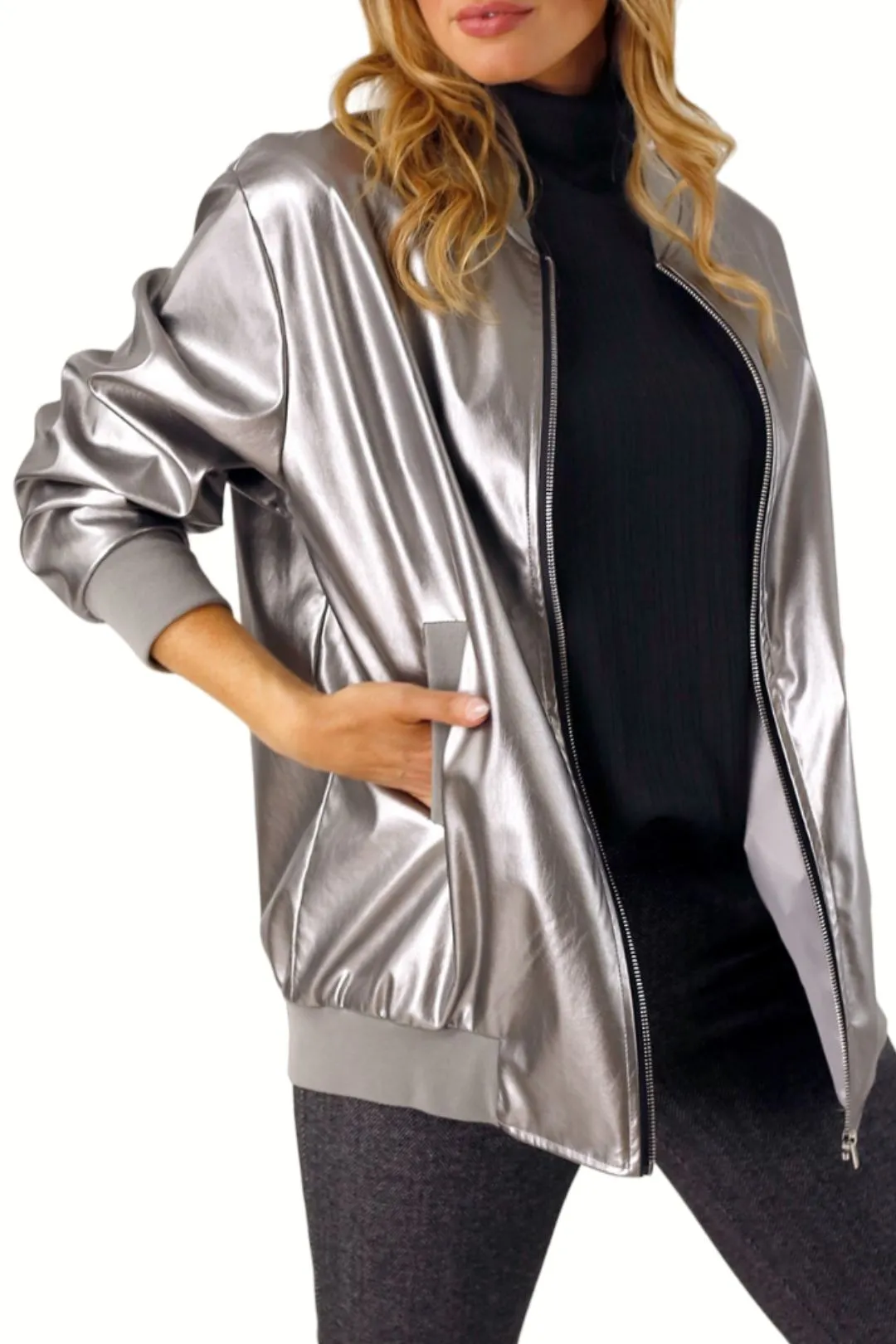 Silver Vegan Leather Bomber Jacket