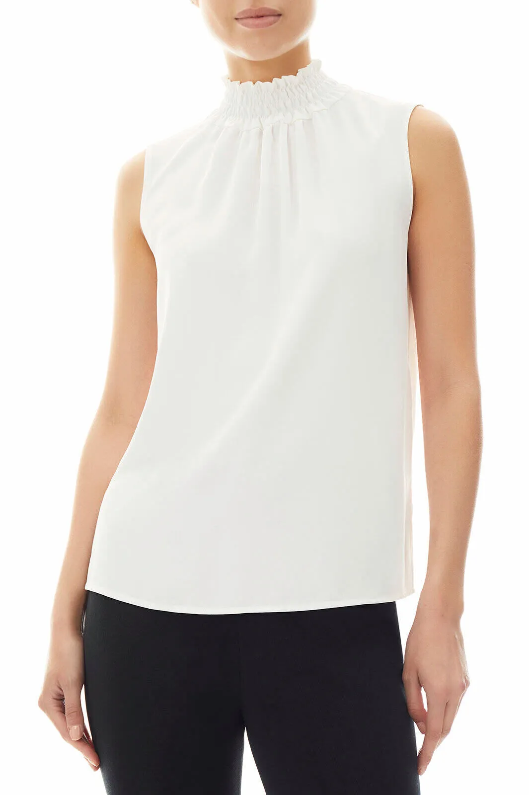 Smocked Neckline Crepe de Chine Blouse, White