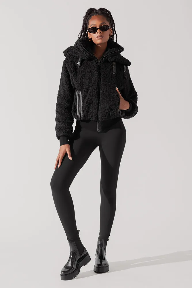 The Kinsley Bomber Jacket in Faux Sherpa - Black