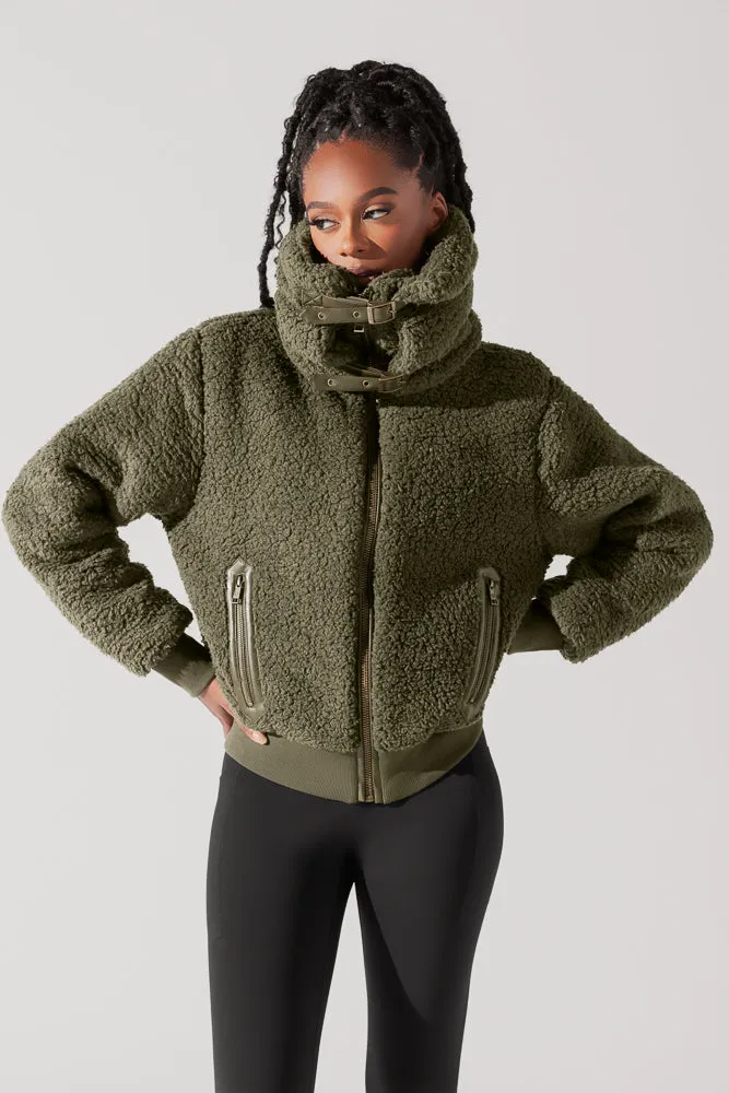 The Kinsley Bomber Jacket in Faux Sherpa - Olive