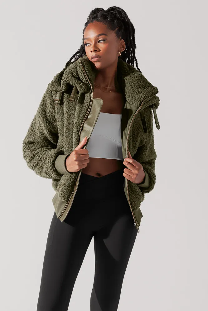 The Kinsley Bomber Jacket in Faux Sherpa - Olive