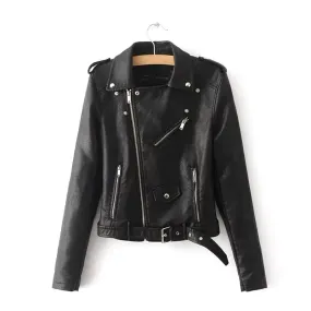 Wenkouban-Winter outfits Christmas Black Friday Faux Leather Zipper Motorcycle Jacket with Belt