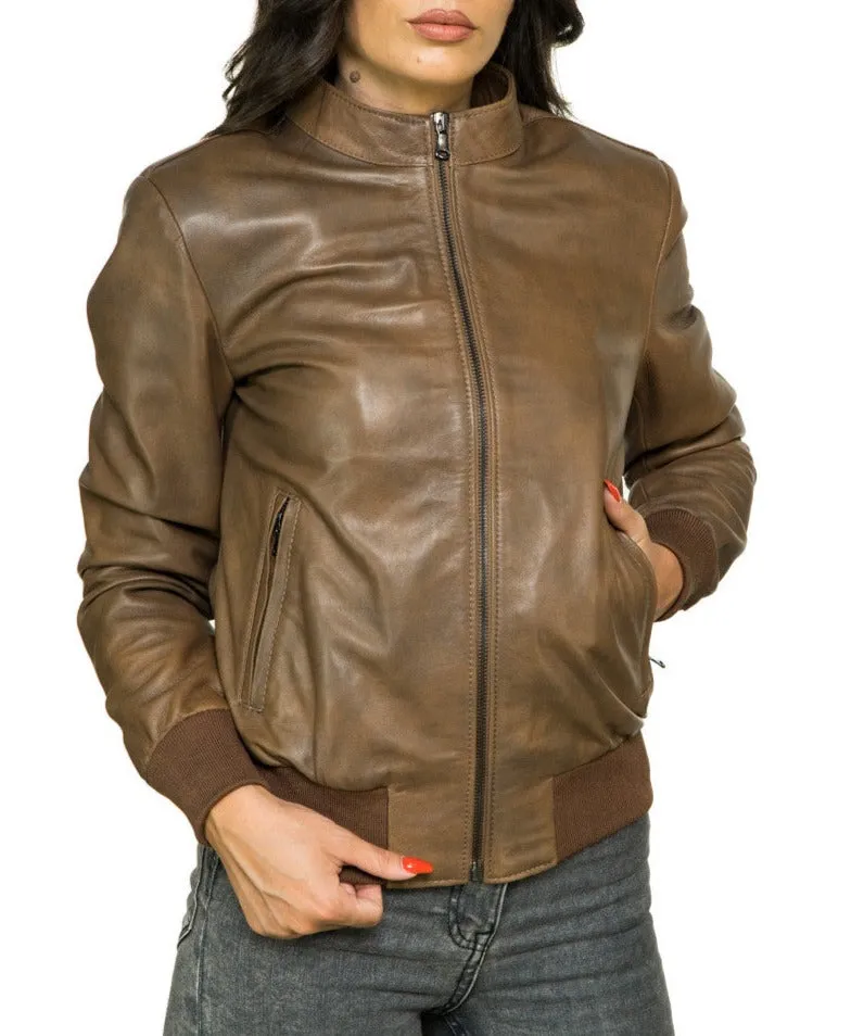 Whisper Light Brown Leather Bomber Jacket