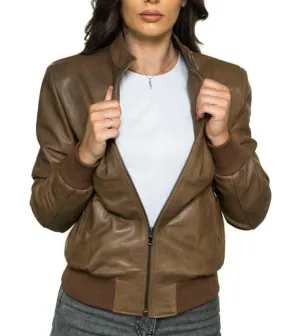 Whisper Light Brown Leather Bomber Jacket