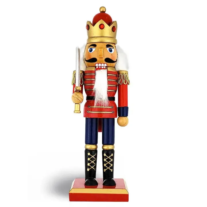 Wooden Red/Blue King Nutcracker with Bejewled Crown & Holding Sword